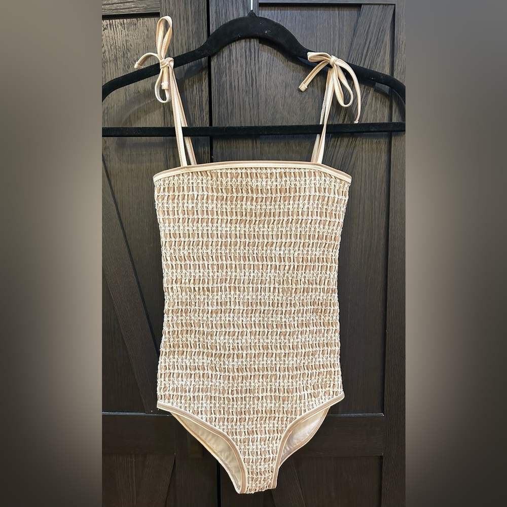 Rylee + Cru Beige and White One Piece Kids Swimsuit